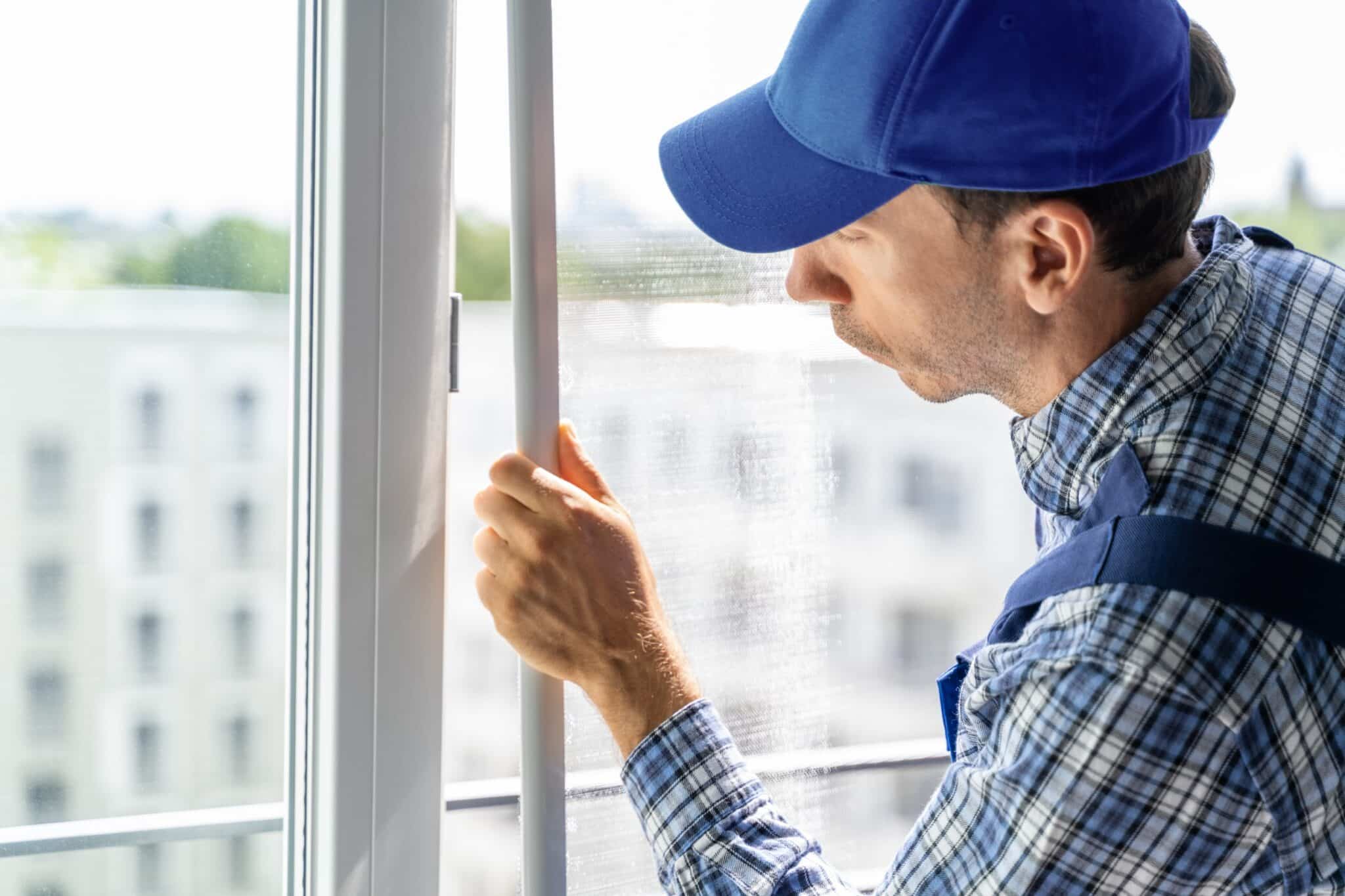 artisan avec une casquette bleu travaillant sur la pose d'une fenêtre en PVC dans un appartement